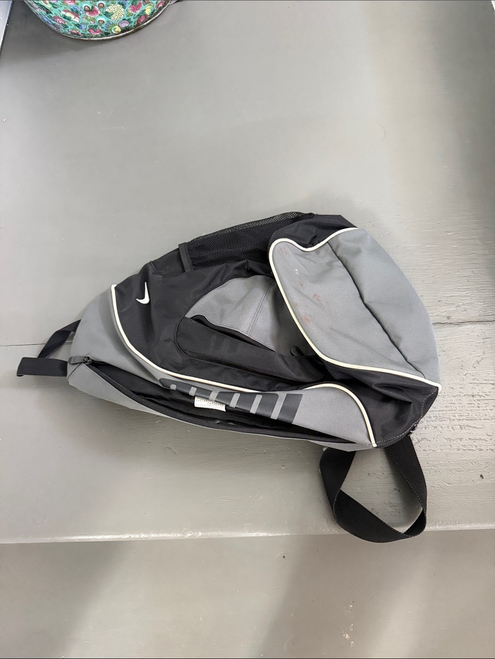 Nike Gray and Black Sling Backpack with White Piping